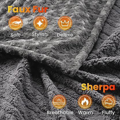 WOOMER Heated Blanket Throw 50" x 60", Electric Blanket with a Control, 4 Heating Levels & 4H Auto Off, ETL Certified, Dark Grey Roses Patterns Faux Fur & Sherpa, Machine Washable
