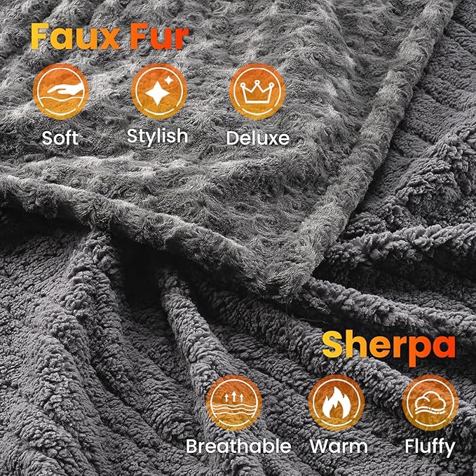 WOOMER Heated Blanket Full Size 77" x 84", Electric Blanket with a Control, 0.5-12 Hours Timer & 10 Heating Levels, ETL Certified, Dark Grey Roses Patterns Faux Fur & Sherpa, Machine Washable