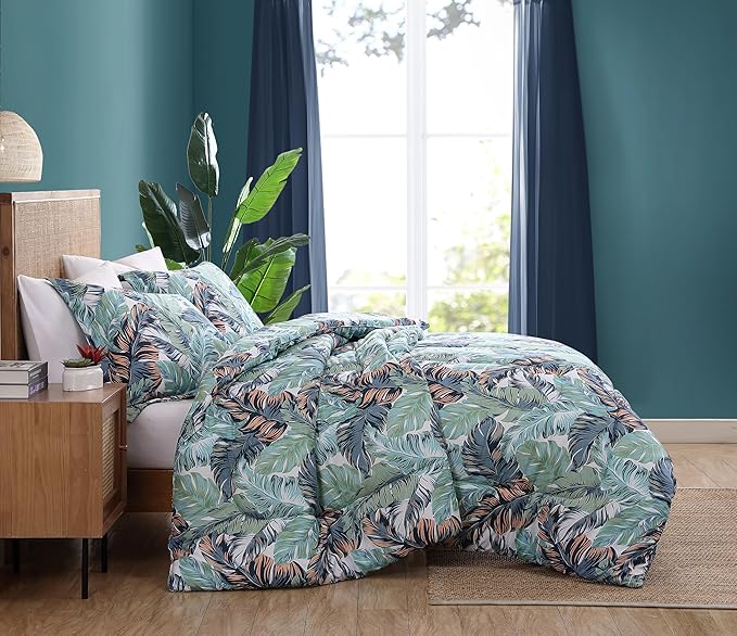 Caribbean Joe Full/Queen 3-Piece Comforter Set, Tropical Coastal Beach Design Bedding, Camo Palm