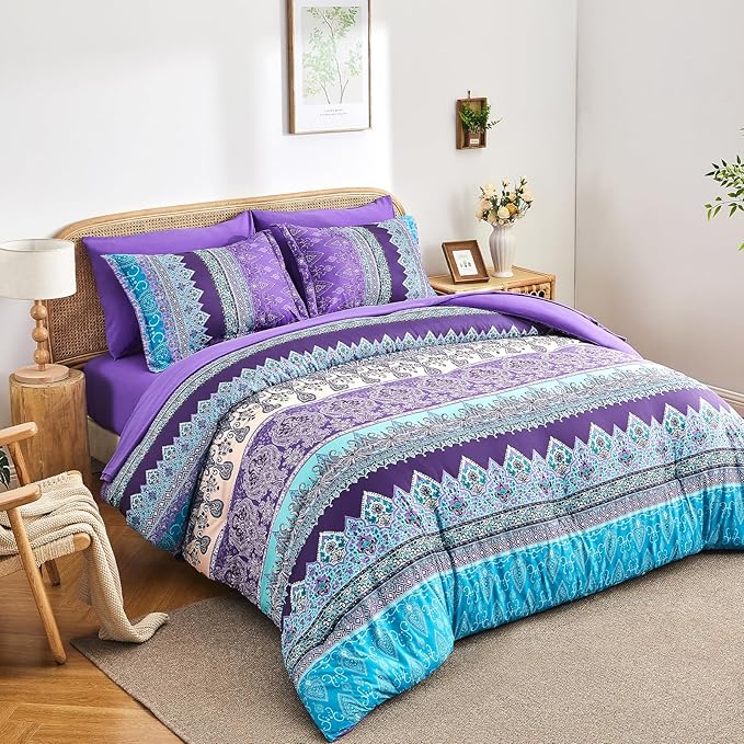 Boho Comforter Set Queen - 7 Pieces Bed in a Bag, Bohemian Striped Comforter Set with Sheets, Soft Microfiber Purple Floral Bedding Set for All Season