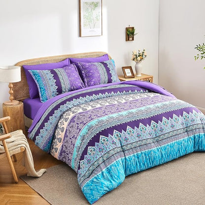 Boho Comforter Set Queen - 7 Pieces Bed in a Bag, Bohemian Striped Comforter Set with Sheets, Soft Microfiber Purple Floral Bedding Set for All Season