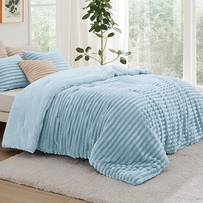Bedsure Queen Comforter Set - GentleSoft™ 3 Pieces Fluffy Double-Side Fleece Comforter Set, Cozy Striped Room Decor Aesthetic, Luxury Light Blue Bedding Queen Size with 2 Pillowcases, 90x90 Inches