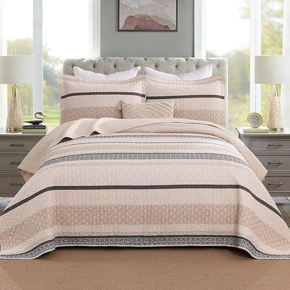 Homzard King Size Comforter Set, Cotton Quilt, Beige and Grey Bedding Set,Lightweight Striped Bedspread, Reversible Coverlet King Size (106"X98") with 2 Pillow Shams All Season