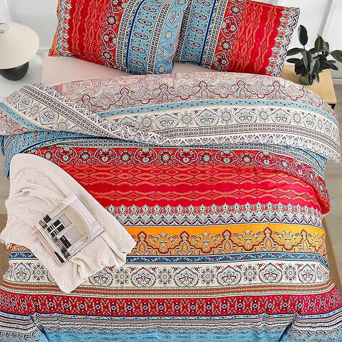 Goodidea Striped Bohemian Comforter Set Queen Size 3 Pieces Boho Hippie Geometric Bedding Set Soft Breathable Reversible Microfiber Boho Comforter with 2 Pillowcases(20"x26")