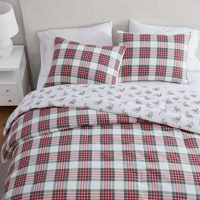 Martha Stewart - King Bedding Comforter Sets, Wonderfully Plush & Naturally Soft Cotton Flannel Bedding w/Matching Pillowcases, 3 Piece Bed Sets (Yuletide Spruce Plaid/Holiday Ribbons Red)
