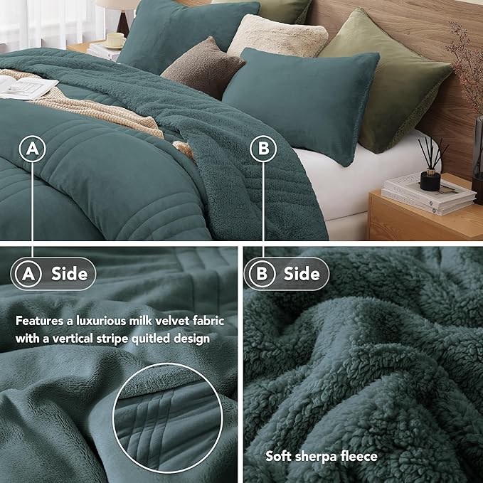 Monbix Fluffy King Size Comforter Set – 3 Piece Cozy Sherpa Comforter King Size Teal, Winter Warm Fleece Bedding Set, Luxury Coco Plush Winter Fuzzy Bed Set, 1 Comforter with 2 Pillowcases