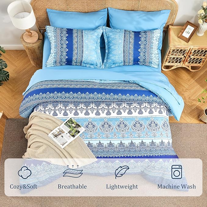 Boho King Size Comforter Set Blue - 7 Pieces Floral Striped Comforter Set with Sheets, Soft Microfiber Bohemian Complete Bedding Sets for All Season (Blue,King)