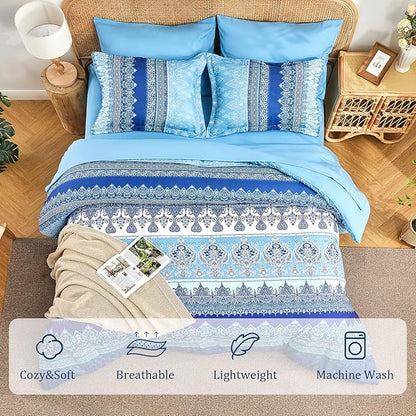 Boho King Size Comforter Set Blue - 7 Pieces Floral Striped Comforter Set with Sheets, Soft Microfiber Bohemian Complete Bedding Sets for All Season (Blue,King)