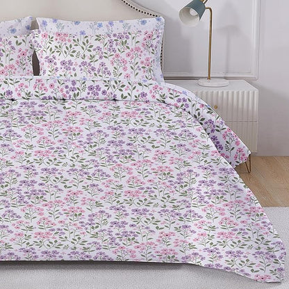 Floral King Comforter Set with Sheets, 7 Piece Luxury Vintage Bedding, Soft Microfiber Bed in a Bag, Cozy Lightweight Bed Set, Purple Flower Green Leaf