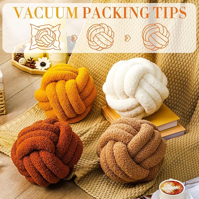 4 Pcs Knot Pillow Ball Soft Sherpa Throw Pillow 8.6'' Decorative Round Accent Pillows Aesthetic Decor Handmade Cushion for Home Couch Bed Sofa Chair(Warm)