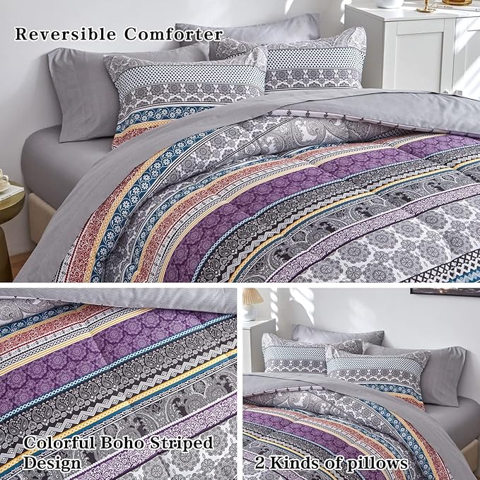 Flysheep Bohemian Bed in a Bag 6 Pieces Twin Size, Colorful Boho Purple Orange Gray Stripes Reversible Bed Comforter Set (1 Comforter, 1 Flat Sheet, 1 Fitted Sheet, 2 Pillow Shams, 1 Pillowcase)