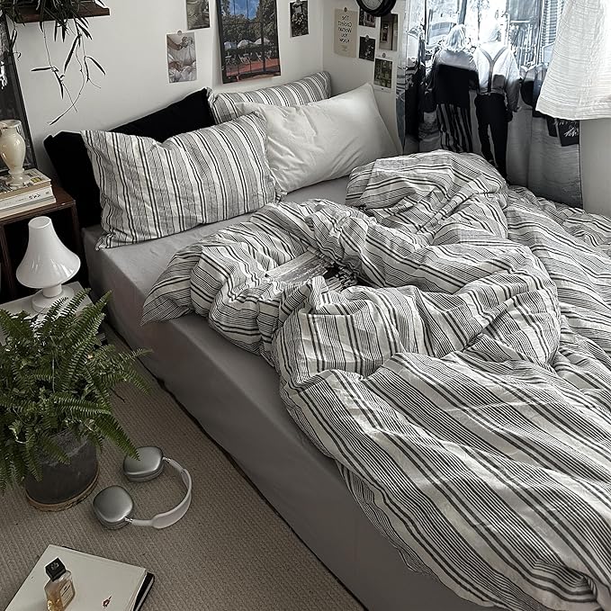 VM VOUGEMARKET Pinstripes Comforter Set Queen Washed Cotton Vertical Striped Neutral Bedding Set 1 Comforter and 2 Pillowcase (Grey White)