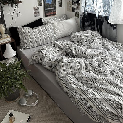 VM VOUGEMARKET Pinstripes Comforter Set Queen Washed Cotton Vertical Striped Neutral Bedding Set 1 Comforter and 2 Pillowcase (Grey White)