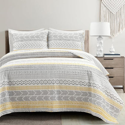 Lush Decor Hygge Geo Pattern Striped 3 Piece Quilt Bedding Set, King, Yellow