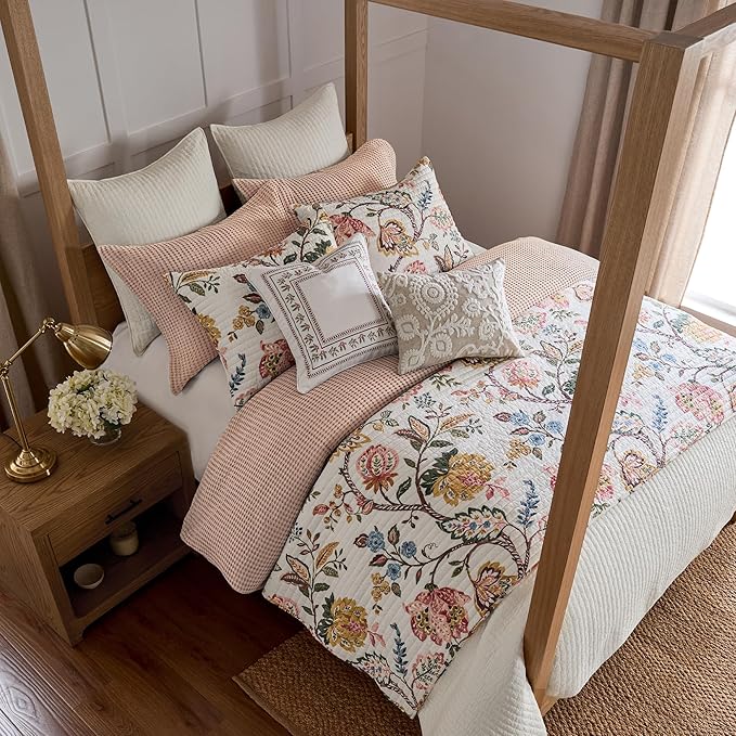 Levtex Home - Maileen Dusty Rose Quilt Set - Full/Queen Quilt and Two Standard Shams - Floral - Dusty Rose Ochre Blue Green Brown Off-White -Quilt (88x92in.) and Shams (20x26in.)- Reversible - Cotton