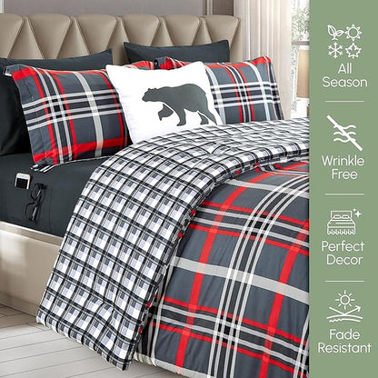 Elegant Comfort 8-Piece Lodge Plaid Reversible Comforter Set - All Season Bed in a Bag, 4-Piece Sheet Set Featuring Smart Pockets, Matching Shams and Decorative Pillow, King/California King, Gray
