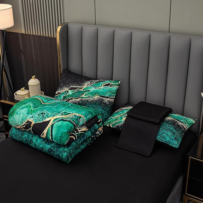 Tailor Shop 5Pcs Marble Green Comforter Set Queen Size for Women Adults Black Green and Gold Marble Bedding Sets Bed in a Bag (1 Comforter, 1 Flat Sheet, 1 Fitted Sheet, 2 Pillowcases)