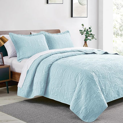 Love's cabin Quilts for Full Bed Spa-Blue Bedspreads Bedding Set - Lightweight Bedspread Comforter - Coin Pattern Bedding Coverlet for All Season - 3 Pieces (1 Quilt, 2 Pillow Shams)