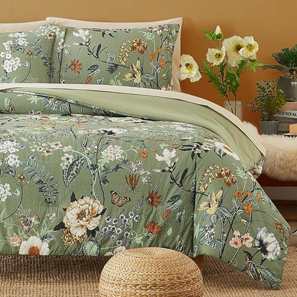 CASAAGUSTO Twin Comforter Set - 5 Pieces Green Floral Bedding Sets, Twin Bed in a Bag with Botanical Butterfly Comforter, Sheets, Pillowcases & Shams for All Seasons