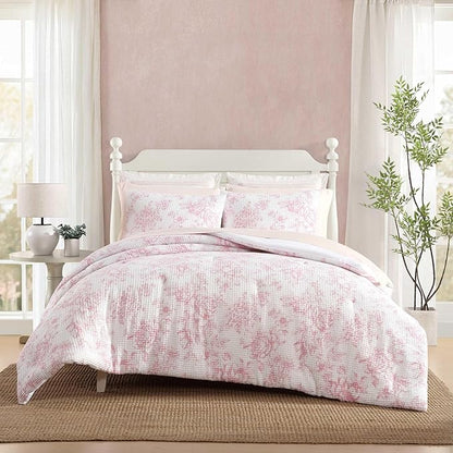 Laura Ashley - Comforter Set, Soft Poly Waffle Textured Bedding with Matching Shams, Delicate Floral Design (Delphine Pastel Pink, King)