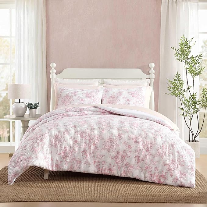 Laura Ashley - Comforter Set, Soft Poly Waffle Textured Bedding with Matching Sham, Delicate Floral Design (Delphine Pastel Pink, Twin)