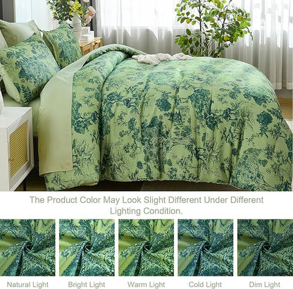DJY Queen Size Comforter Sets, 7 Pieces Green Botanical Comforter Set with Sheets Bed in a Bag Queen White Elegant Plants Print Soft Microfiber Reversible Complete Bedding Sets for All Season