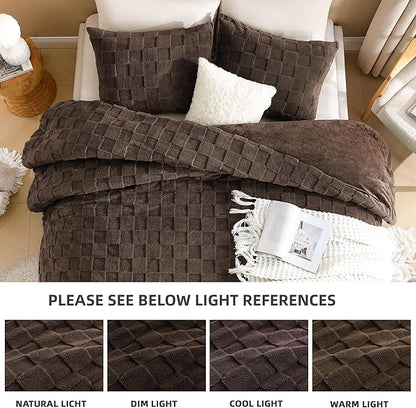 Litanika Fluffy Queen Size Comforter Set Brown, 3 Pieces Warm Sherpa Fleece Winter Bedding Set, Jacquard Checkered Plush Fuzzy Bed Set(1 Comforter, 2 Pillowcases)