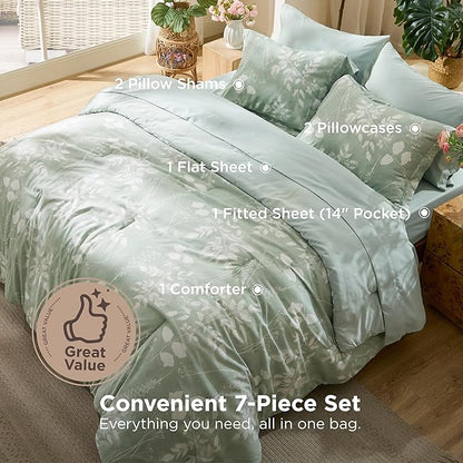 Bedsure California King Comforter Set - 7 Pieces Floral Sage Green Bedding Sets, Cal King Bed in a Bag with Botanical Flowers Comforter, Sheets, Pillowcases & Shams