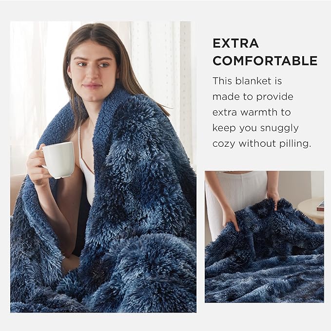 Bedsure GentleSoft Fluffy Tie Dye Navy Blue Blankets Queen Size for Bed, Thick Sherpa Faux Fur Fleece Fuzzy Plush Winter Warm Soft Queen Blankets, Bedroom Decor Blue Cozy Gifts for Women Men, 90x90