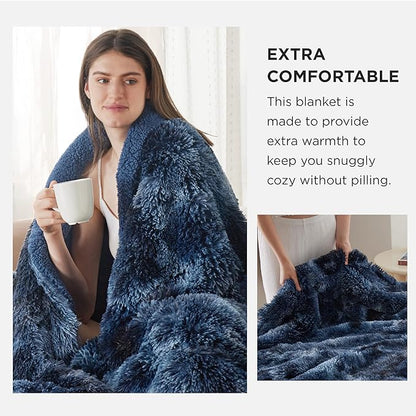 Bedsure GentleSoft Fluffy Tie Dye Navy Blue Blankets Queen Size for Bed, Thick Sherpa Faux Fur Fleece Fuzzy Plush Winter Warm Soft Queen Blankets, Bedroom Decor Blue Cozy Gifts for Women Men, 90x90