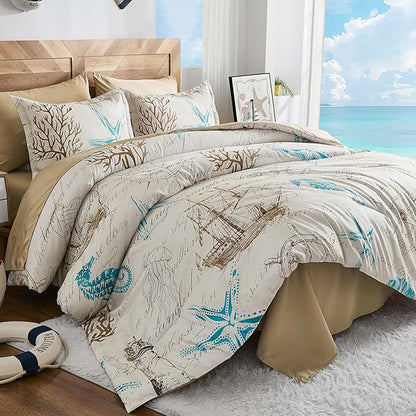 Coastal Comforter Set Queen, Beach Themed Comforters,7 Pieces Ocean Starfish Bed in a Bag Nautical Bedding with Sheets for Spring Summer