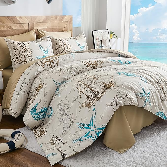 Comforter Set King Size Coastal, Beach Themed Comforters,7 Pieces Ocean Starfish Bed in a Bag Nautical Bedding with Sheets for Spring Summer