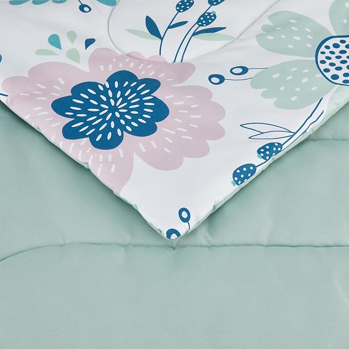 Amazon Basics 3-Piece Soft, Plush Microfiber Kids' Comforter and Pillow Sham Set, Full/Queen, Purple Flowers, Bluish Pink, Floral