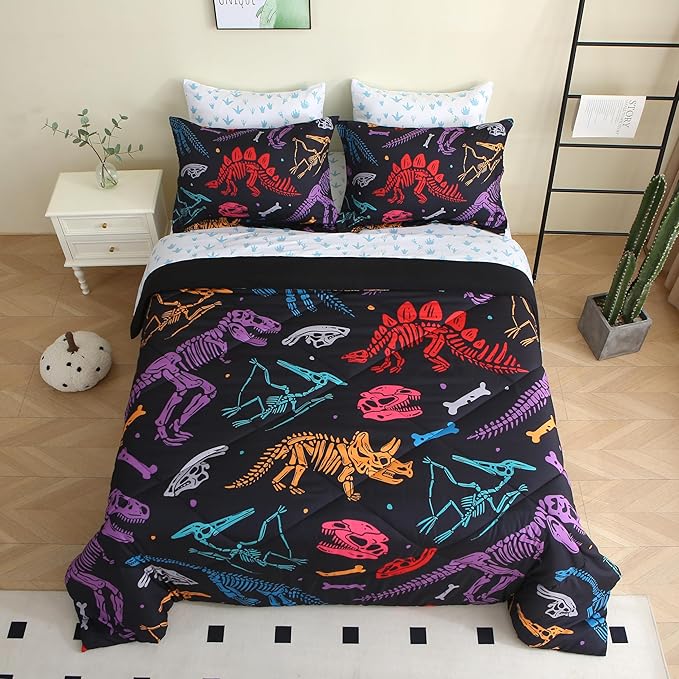 7 Piece Boys Dinosaur Comforter Set Full Size 3D Black Dinosaur Skeleton Bedding Set for Toddler Kids Teens Christmas Birthday Gift