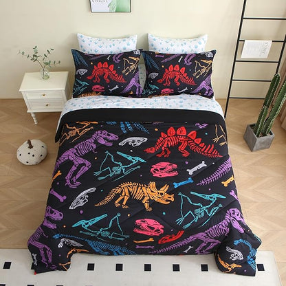 7 Piece Boys Dinosaur Comforter Set Queen Size 3D Black Dinosaur Skeleton Bedding Set for Toddler Kids Teens Christmas Birthday Gift