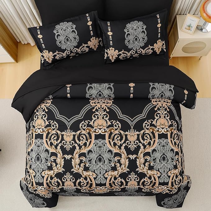 Mybedsoul 7 Pieces Black Comforter Set King Size, Gold Damask Bed in a Bag for King Bed, Lightweight Microfiber Boho Bedding Sets with Comforter, Sheet, Pillowcases & Shams for All Season(90"x104")