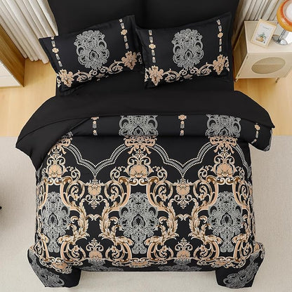 Mybedsoul 7 Pieces Black Comforter Set King Size, Gold Damask Bed in a Bag for King Bed, Lightweight Microfiber Boho Bedding Sets with Comforter, Sheet, Pillowcases & Shams for All Season(90"x104")