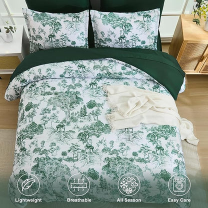 DJY King Size Comforter Sets, Green Botanical Comforters with Sheets 7 Pieces Bed in a Bag King Elegant Plants Print Soft Microfiber Reversible Complete Bedding Sets for All Season