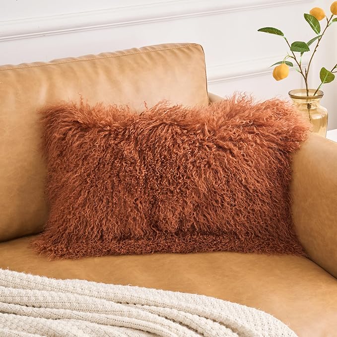 Genuine Mongolian Lamb Fur Pillow Cover – 12"x20" Rectangular Cushion Case – Soft Curly Wool Decorative Accent for Sofa, Bed, or Chair (Warm Terracotta)