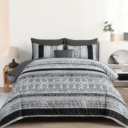 Cottolester Boho King Size Comforter Set 8 Pieces,Gray Bohemian Striped Bed in a Bag,Floral Soft Microfiber Bedding Comforter Set
