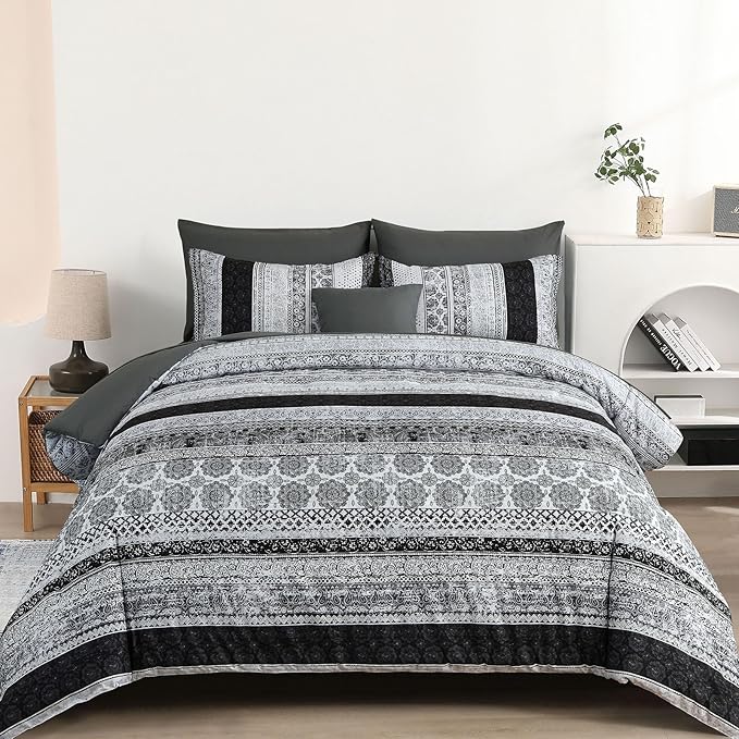 Cottolester Boho Queen Size Comforter Set 8 Pieces,Gray Bohemian Striped Bed in a Bag,Floral Soft Microfiber Bedding Comforter Set