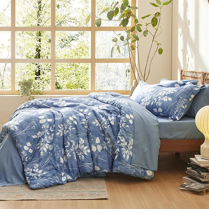 Bedsure Full Size Comforter Set - 7 Pieces Floral Blue Soft Bedding Sets, Full Bed in a Bag with Botanical Flowers Comforter, Sheets, Pillowcases & Shams