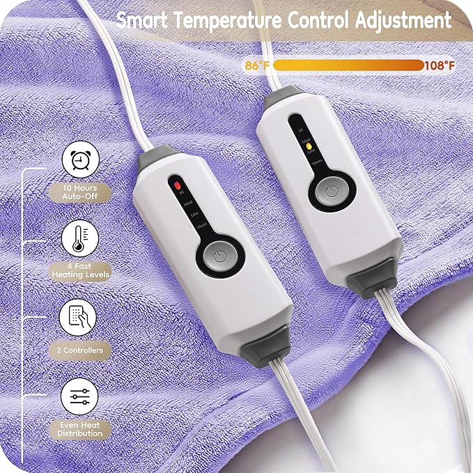 Electric Heated Blanket King Size 90"×100", Comfortable & Luxurious Flannel, 4 Heating Levels & 10 H Auto Shut Off, Light Purple
