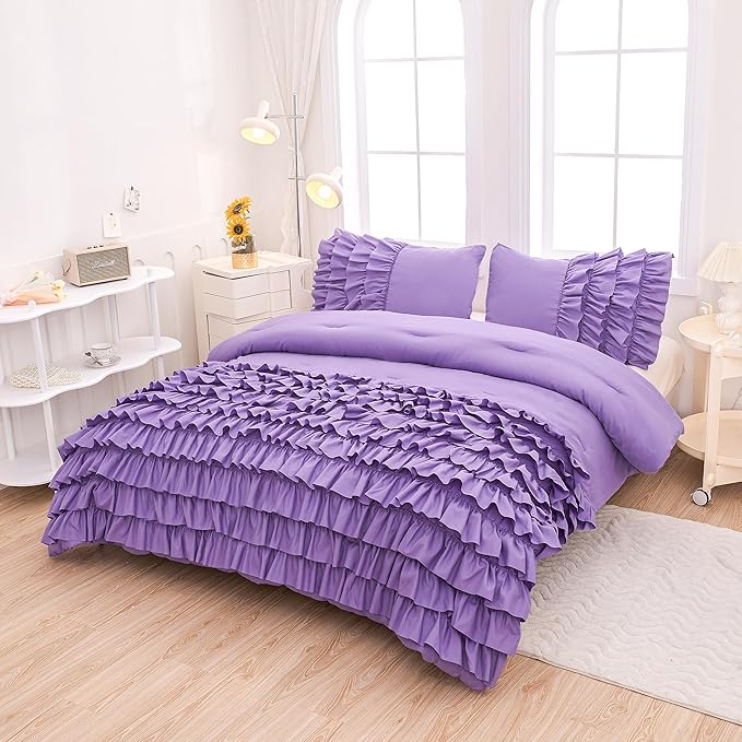 MWMWMW Girls Purple Ruffle Comforter Set Full, Purple Ruffle Bedding Set, 3Pcs Full Size Bedding Sets for Kids Girls, All Season Use