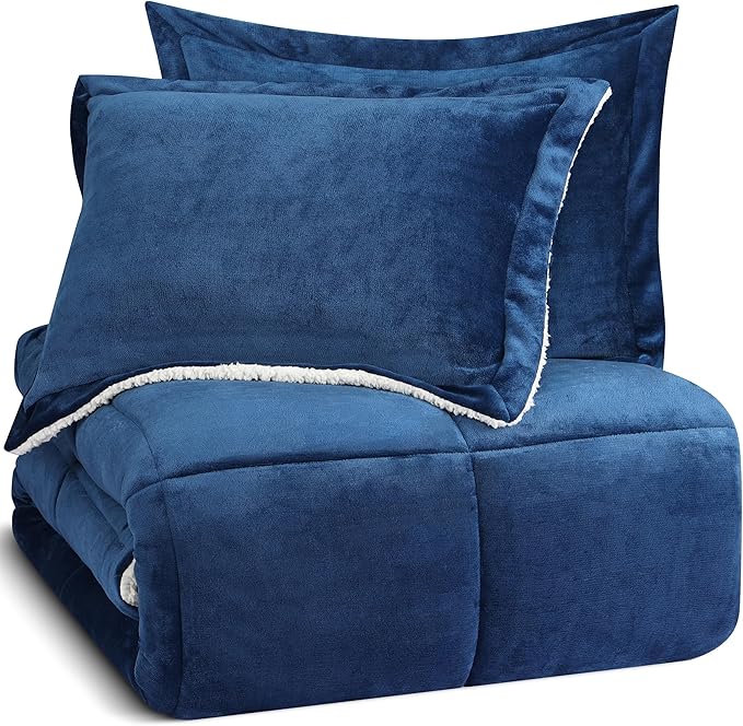 Utopia Bedding Micromink Sherpa Fleece Queen Comforter Set with 2 Pillow Shams, Plush and Warm Bedding Comforter Sets, Down Alternative Comforter, Ultra Soft and Cozy Comforter Set (Queen, Navy)