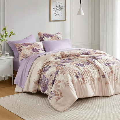 Madison Park Essentials Cal King Comforter Set & Sheets, Floral Bed in A Bag Microfiber Comforter for Cal King-Size Bed, Shabby Chic Cal King Bedding Diamond Print Sheet, Luna, Cal King, Taupe 7 Piece