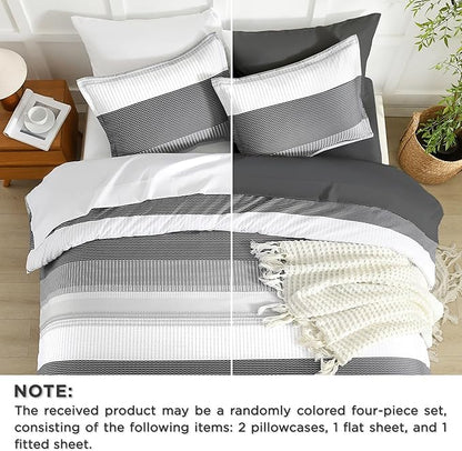 Andency California King Comforter Set Dark Grey - 7 Pieces Grey Striped Lightweight Bed in a Bag, Soft Microfiber Reversible Bedding Set with Comforter, Fitted & Flat Sheet, Pillowcases & Shams
