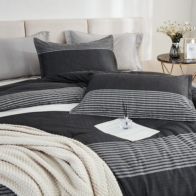 Litanika Oversized Queen Comforter Set Black White Grey 98x98-3 Pieces Lightweight Colorblock Stripe Fluffy Bedding Comforter Sets, All Season Bed Set