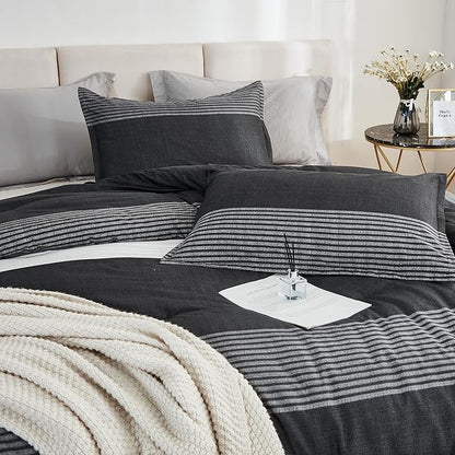 Litanika Oversized Alaskan King Comforter Set Black White Grey 128x120-3 Pieces Lightweight Colorblock Stripe Fluffy Bedding Comforter Sets, All Season Bed Set