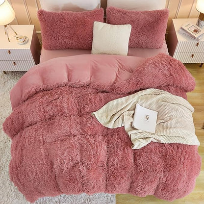 Andency Fluffy Old Pink Comforter Set Queen Size, 3 Pieces Winter Faux Fur Warm Soft Fuzzy Plush Bedding Comforter Set (1 Velvet Comforter & 2 Pillowcases), Thick Heavy Comfy Comforters Bedding Set